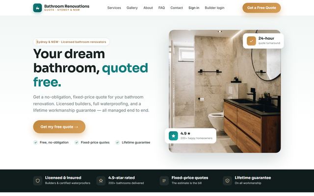 Screenshot of the bathroomrenovationsquote.com.au home page