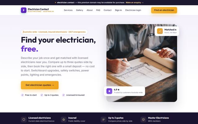 Screenshot of the electrician.contact home page