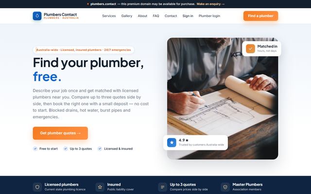 Screenshot of the plumbers.contact home page